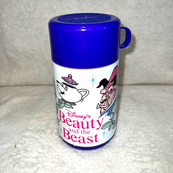Vintage 1990s Disney Beauty and the Beast Aladdin Plastic Thermos Cup Purple